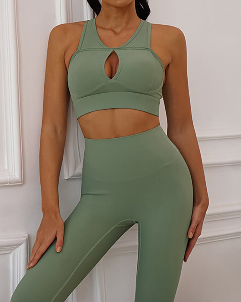Fashion Women Solid Color Hollow Out Bra High Waist No Embarrassing Line Sports Leggings S-L
