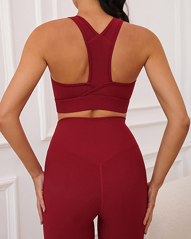 Fashion Women Solid Color Hollow Out Bra High Waist No Embarrassing Line Sports Leggings S-L