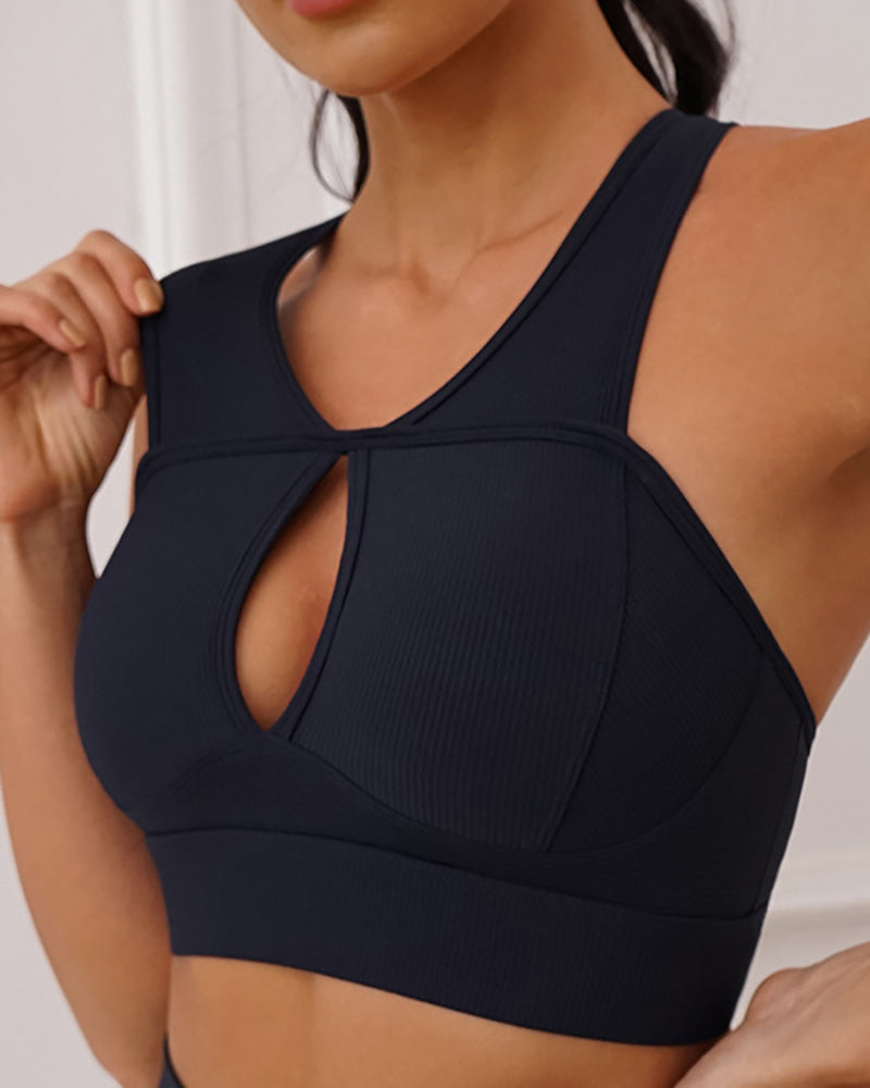 Fashion Women Solid Color Hollow Out Bra High Waist No Embarrassing Line Sports Leggings S-L